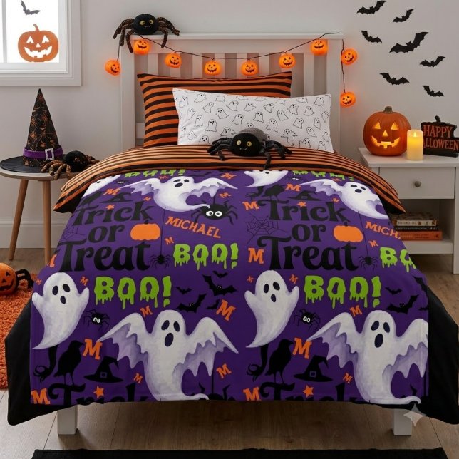 Personalised Purple Ghost  Kids Name Monogram  Fleece Blanket (Creator Uploaded)