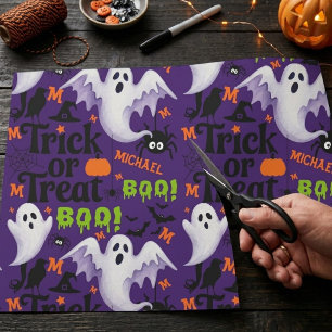 Personalised Purple Ghost Kids Name Monogram Wrapping Paper