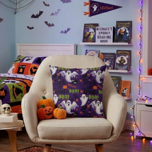 Personalised Purple Ghost Trick or Treat Kids Hall Cushion