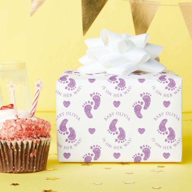 Personalised Purple Glitter Baby Feet Baby Shower  Wrapping Paper (Birthday Party)