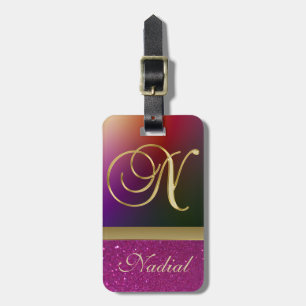 Personalised Purple Glitter Gold Monogram Letter N Luggage Tag