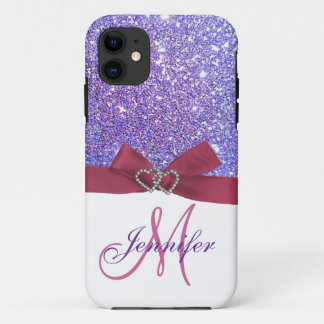 Personalised Purple Glitter, Pink Printed Bow iPhone 11 Case