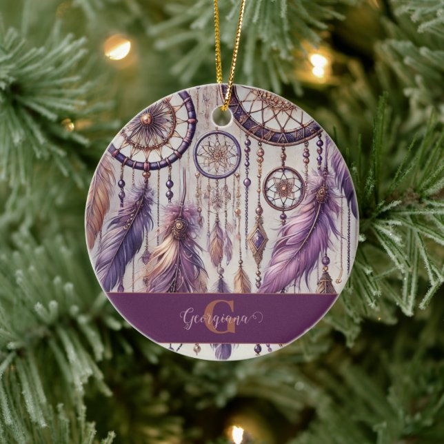 Personalised Purple & Gold Boho Dreamcatchers Ceramic Tree Decoration (Tree)