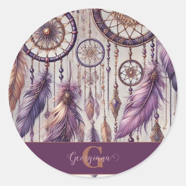 Personalised Purple & Gold Boho Dreamcatchers Classic Round Sticker (Front)