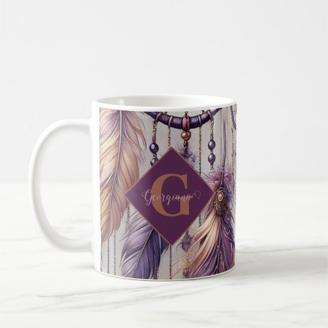 Personalised Purple & Gold Boho Dreamcatchers Coffee Mug (Left)