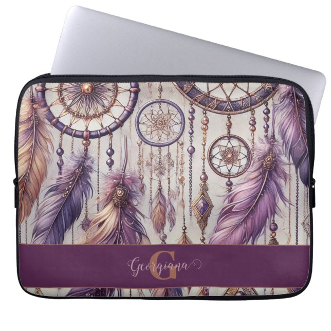 Personalised Purple & Gold Boho Dreamcatchers Laptop Sleeve (Front)