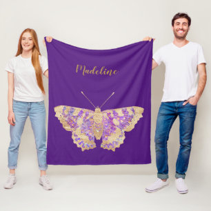 Personalised Purple & Gold Butterfly Fleece Blanket
