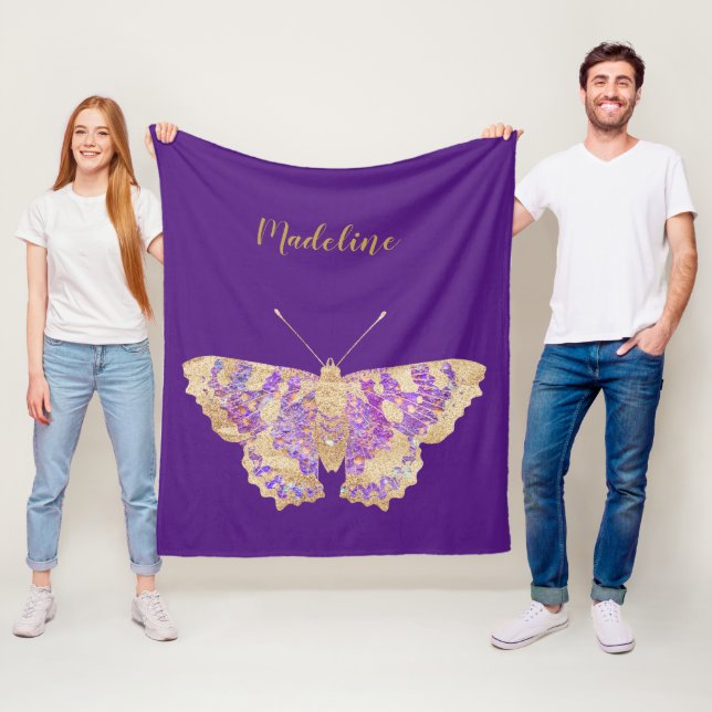 Personalised Purple & Gold Butterfly Fleece Blanket (In Situ)