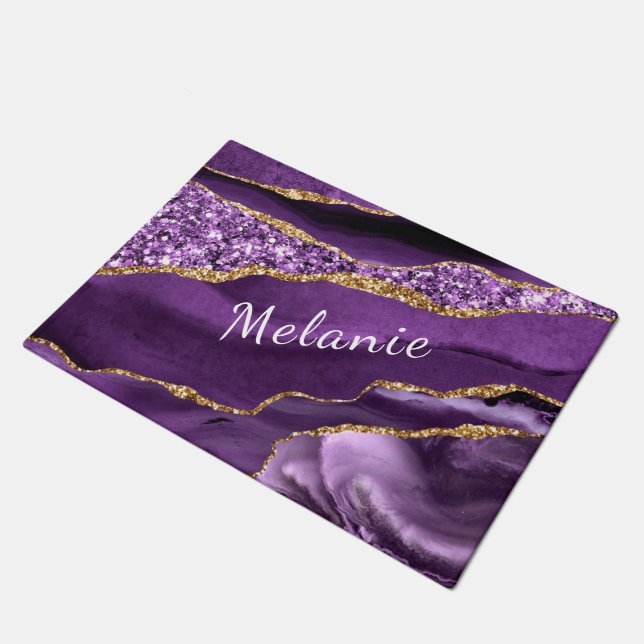 Personalised Purple Gold Custom Name Doormat (Angled)