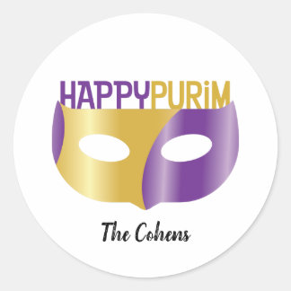 Personalised Purple Gold Happy Purim and mask Classic Round Sticker