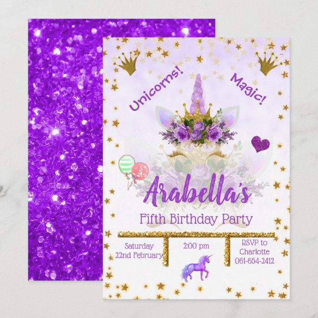 Personalised Purple, Gold Stars Unicorn Birthday Invitation (Front/Back)