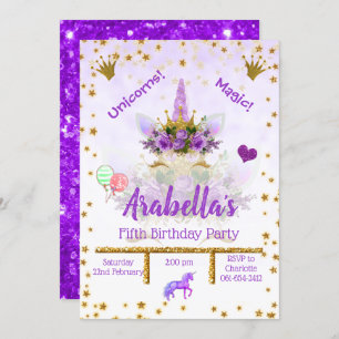 Personalised Purple, Gold Stars Unicorn Birthday Invitation
