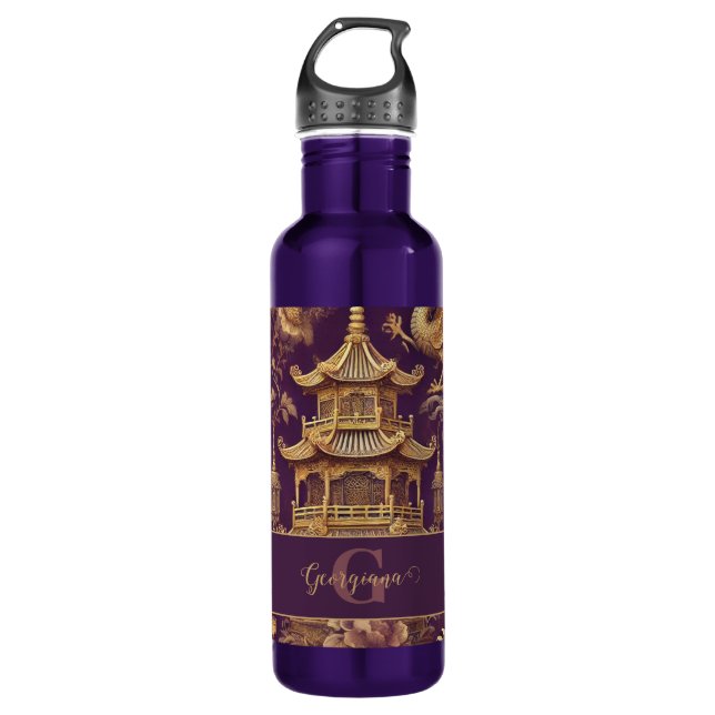 Personalised Purple & Gold Victorian Chinoiserie 710 Ml Water Bottle (Front)