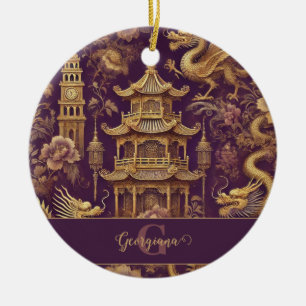 Personalised Purple & Gold Victorian Chinoiserie Ceramic Tree Decoration