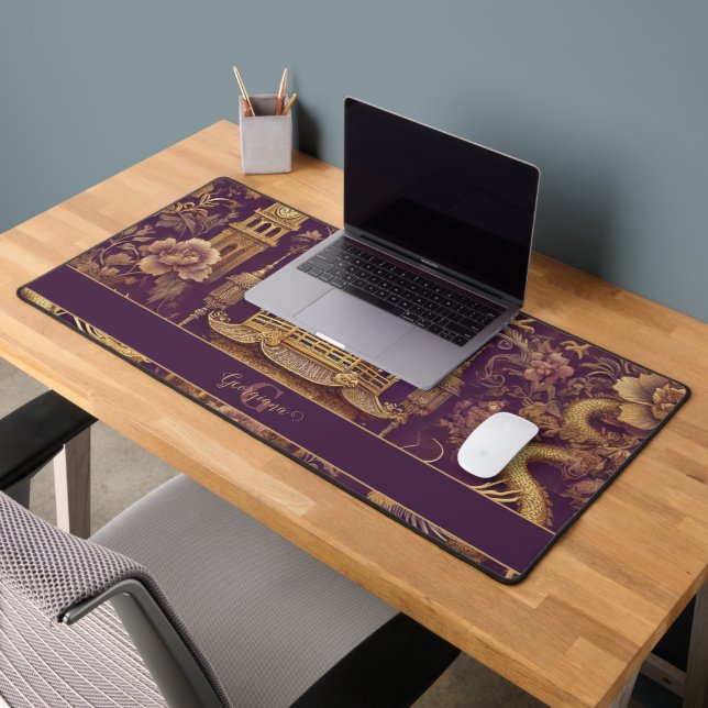 Personalised Purple & Gold Victorian Chinoiserie Desk Mat (Office 2)