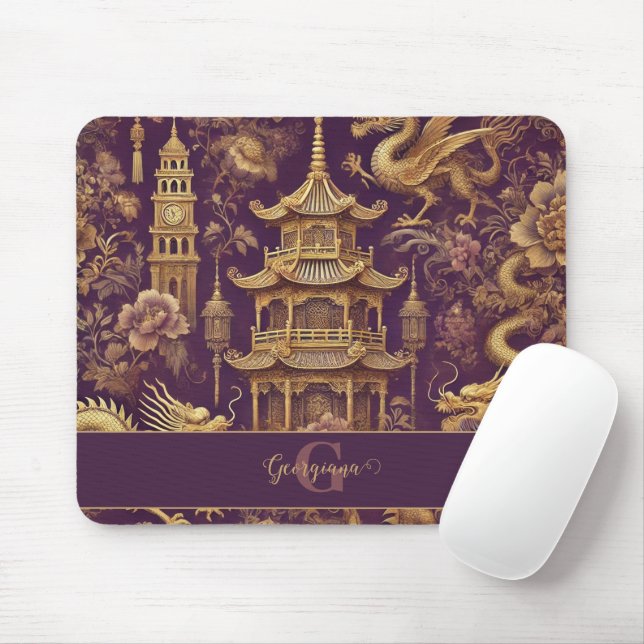 Personalised Purple & Gold Victorian Chinoiserie Mouse Mat (With Mouse)