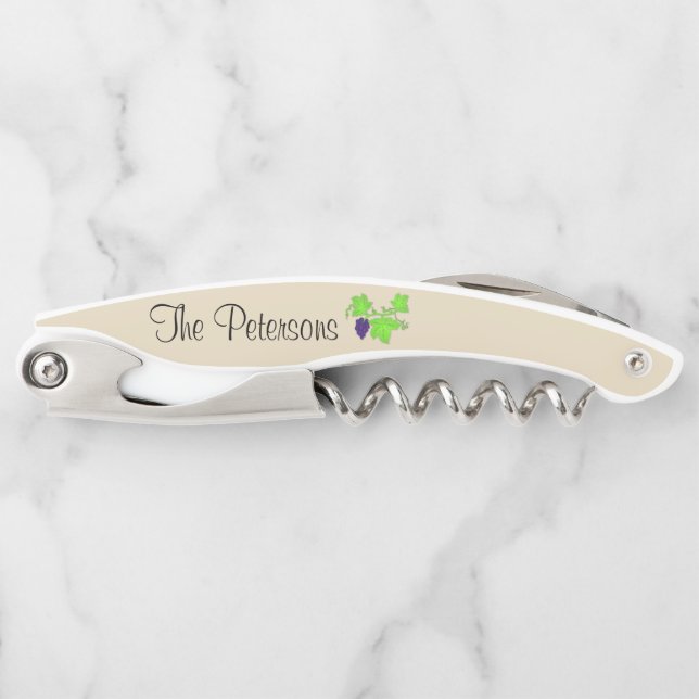 Personalised Purple Grapes~Green Grapevine Leaves Corkscrew (Front)