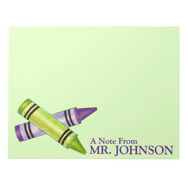 Personalised Purple Green Crayon Teacher Education Notepad (Front)