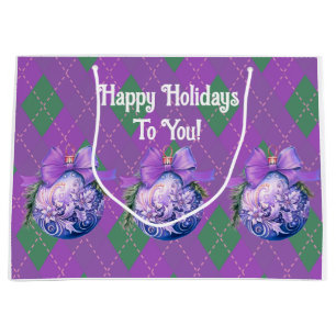 Personalised Purple Green Plaid Christmas Ornament Large Gift Bag