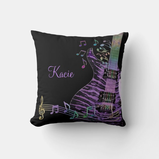 Personalised Purple Guitar with Rainbow Notes Cushion (Front)