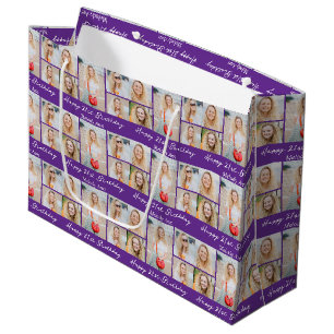 Personalised Purple Happy Birthday Photo Collage Large Gift Bag