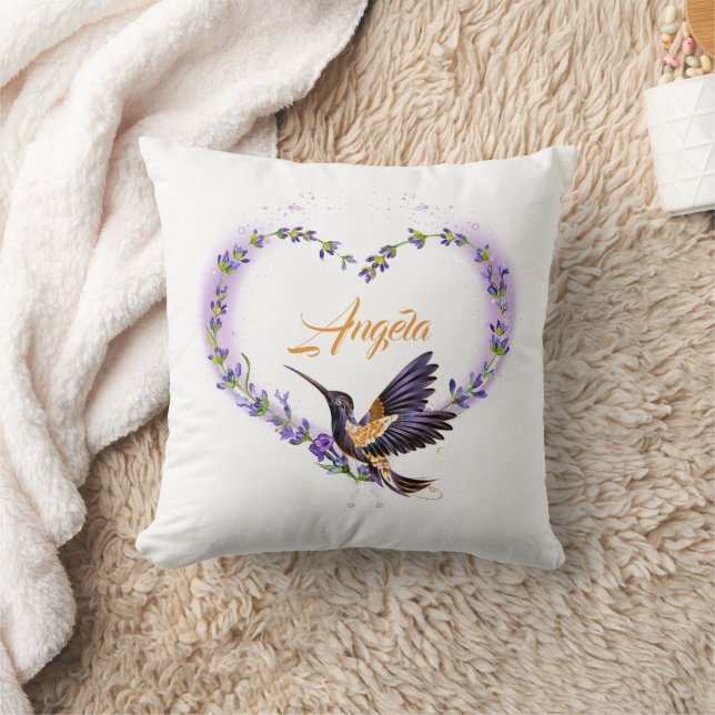 Personalised Purple Hummingbird Heart Cushion (Blanket)