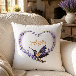 Personalised Purple Hummingbird Heart Cushion
