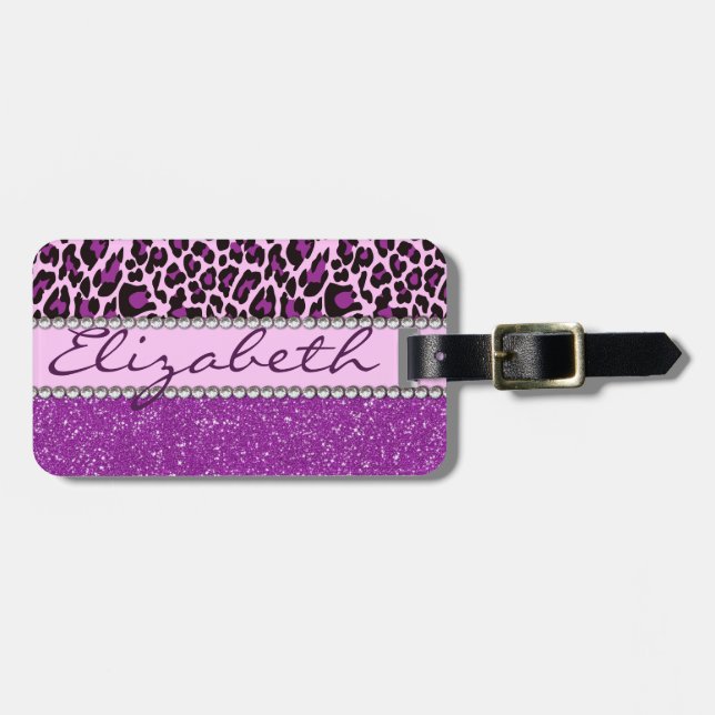 Personalised Purple Leopard and Glitter Luggage Tag (Front Horizontal)