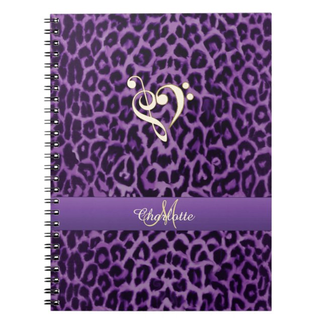 Personalised Purple Leopard Music Heart Notebook (Front)