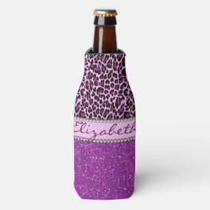 Personalised Purple Leopard Print Glitter Bottle Cooler