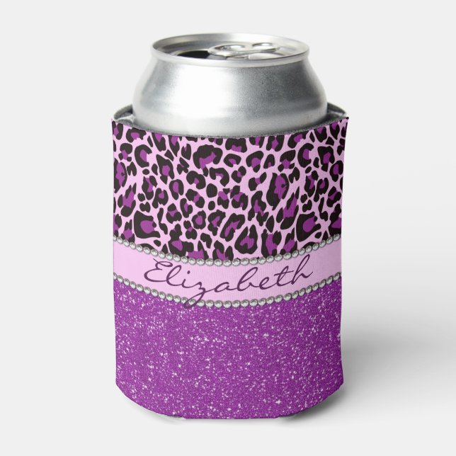 Personalised Purple Leopard Print Glitter Can Cooler (Can Front)
