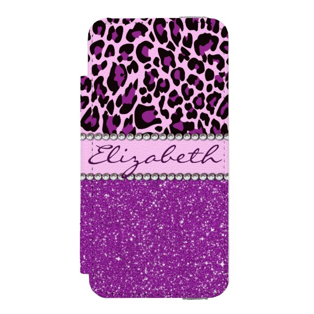 Personalised Purple Leopard Print Glitter Incipio iPhone Wallet Case (Folio Front)