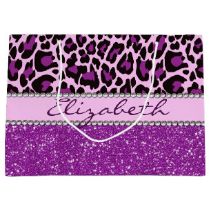 Personalised Purple Leopard Print Glitter Large Gift Bag