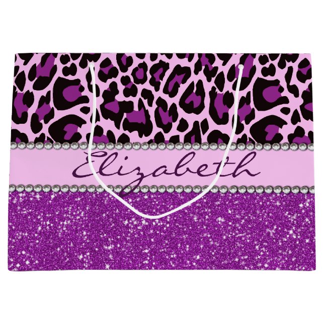 Personalised Purple Leopard Print Glitter Large Gift Bag (Front)