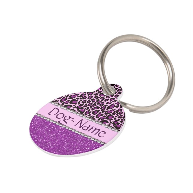 Personalised Purple Leopard Print Glitter Pet Tag (Side)