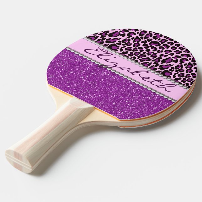 Personalised Purple Leopard Print Glitter Ping Pong Paddle (Front Angle)