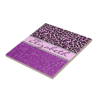 Personalised Purple Leopard Print Glitter Tile