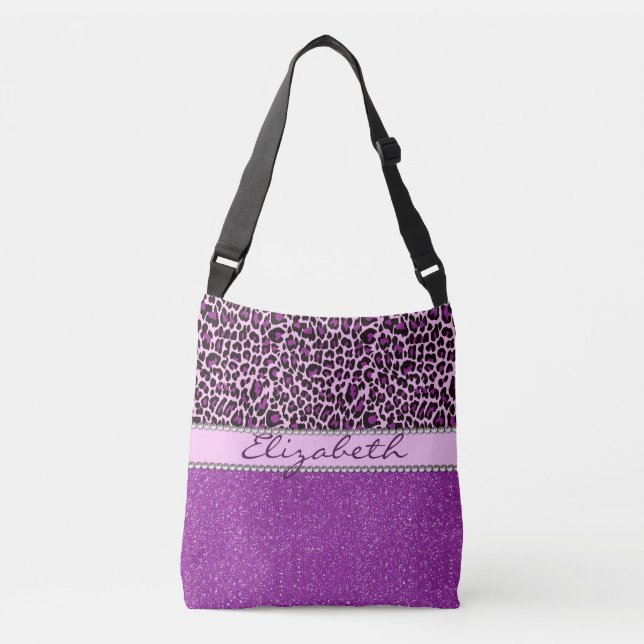 Personalised Purple Leopard Spots Glitter Crossbody Bag (Front)