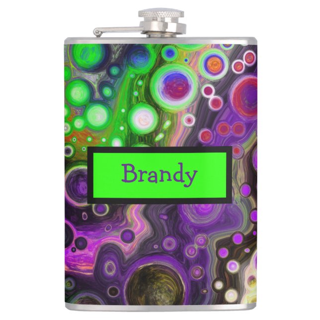 Personalised Purple, Lime Green, Black Fluid Art  Hip Flask (Front)