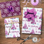 Personalised Purple Mauve Merry Christmas Tree Wrapping Paper Sheet<br><div class="desc">Create your own personalised coordinated set of purple and mauve novelty Christmas giftwrap with your choice of greeting (the sample shows MERRY CHRISTMAS) and your name or other custom text in a modern, trendy handwritten script font, a watercolor Christmas tree and snowflakes pattern. ASSISTANCE: For help with design modification or...</div>