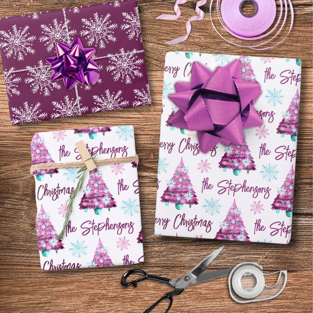 Personalised Purple Mauve Merry Christmas Tree Wrapping Paper Sheet (Creator Uploaded)