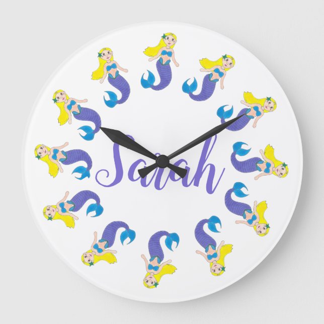 Personalised Purple Mermaid Girl Bedroom Bathroom Large Clock (Front)