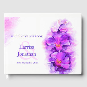 Personalised purple orchid art wedding guest book