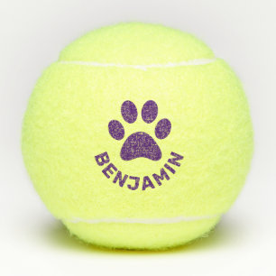 Personalised Purple Paw Print Pet Name Dog Tennis Balls