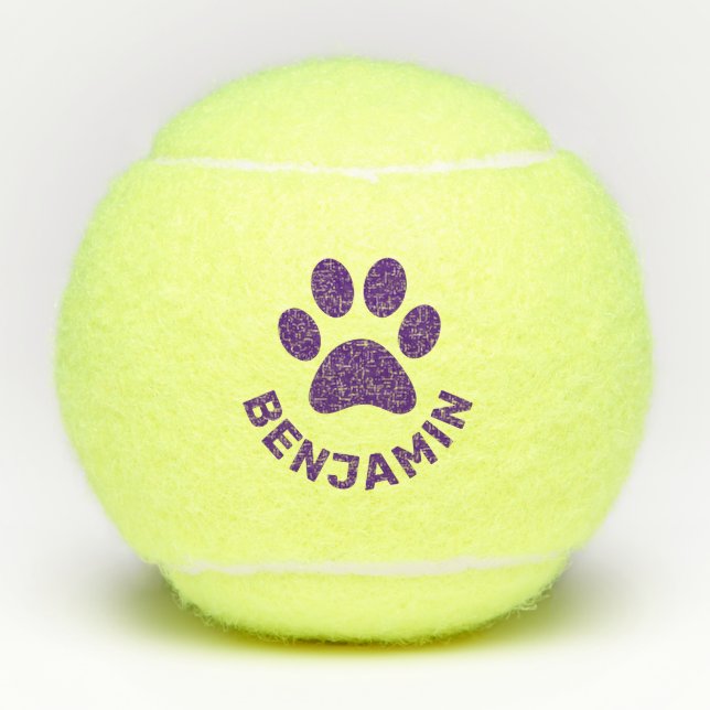 Personalised Purple Paw Print Pet Name Dog Tennis Balls (Front)