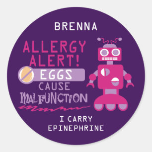 Personalised Purple Pink Robot Egg Allergy Alert Classic Round Sticker