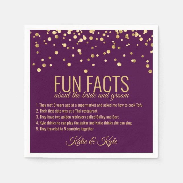 Personalised PURPLE PLUM Gold Confetti FUN FACTS Napkin (Front)