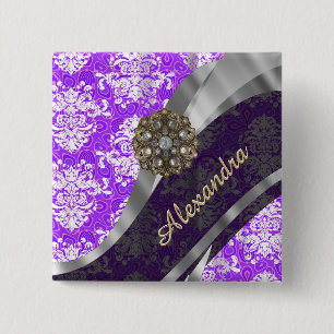 Personalised purple pretty girly damask pattern 15 cm square badge