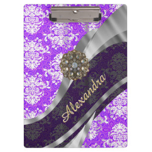 Personalised purple pretty girly damask pattern clipboard