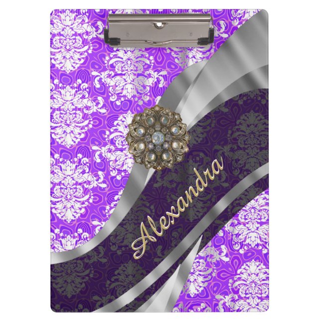 Personalised purple pretty girly damask pattern clipboard (Front)